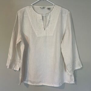 Laura Ashley Womens White Linen Embroidered Sequin Tunic Top Size L Boho